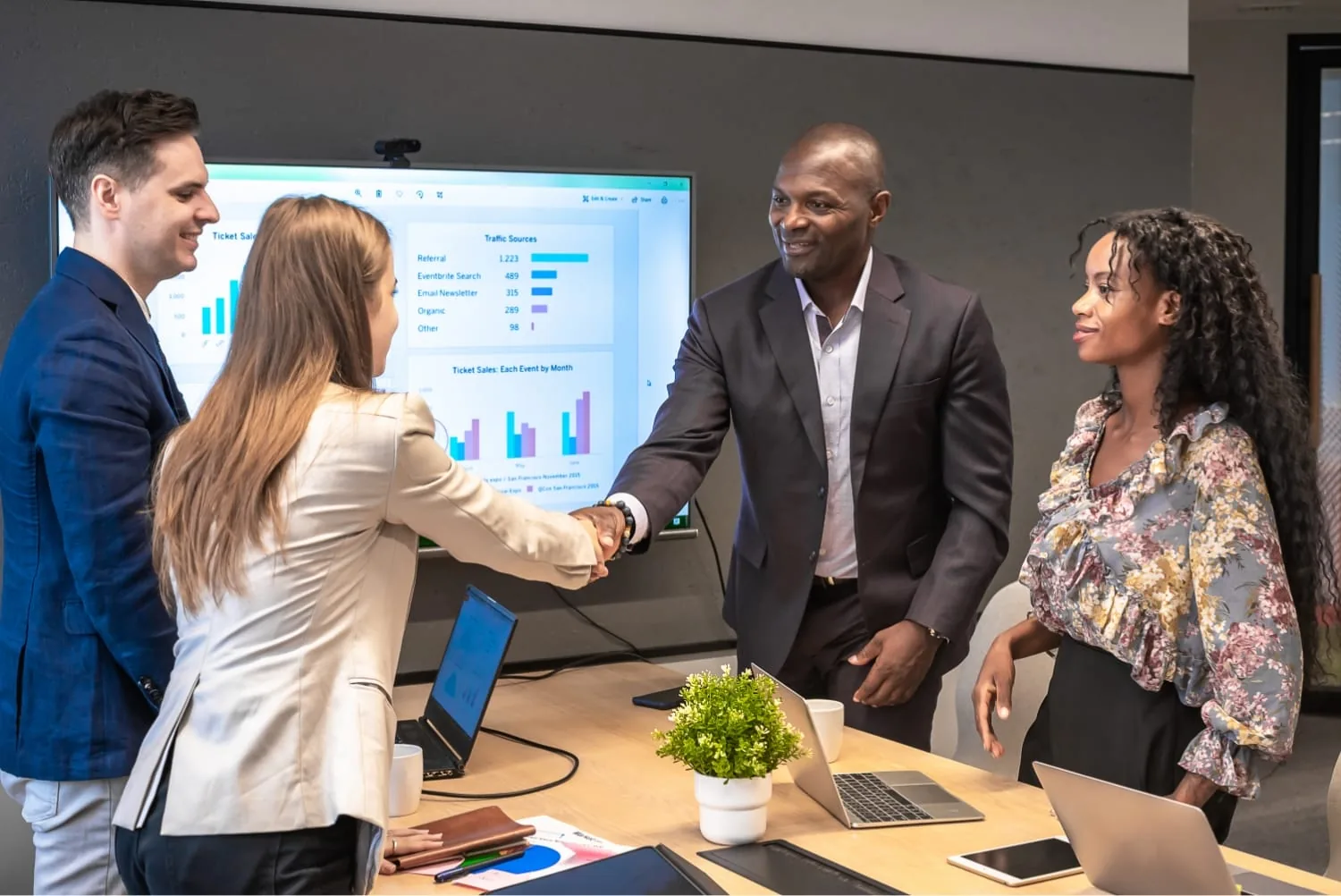 Business professionals meeting to discuss performance