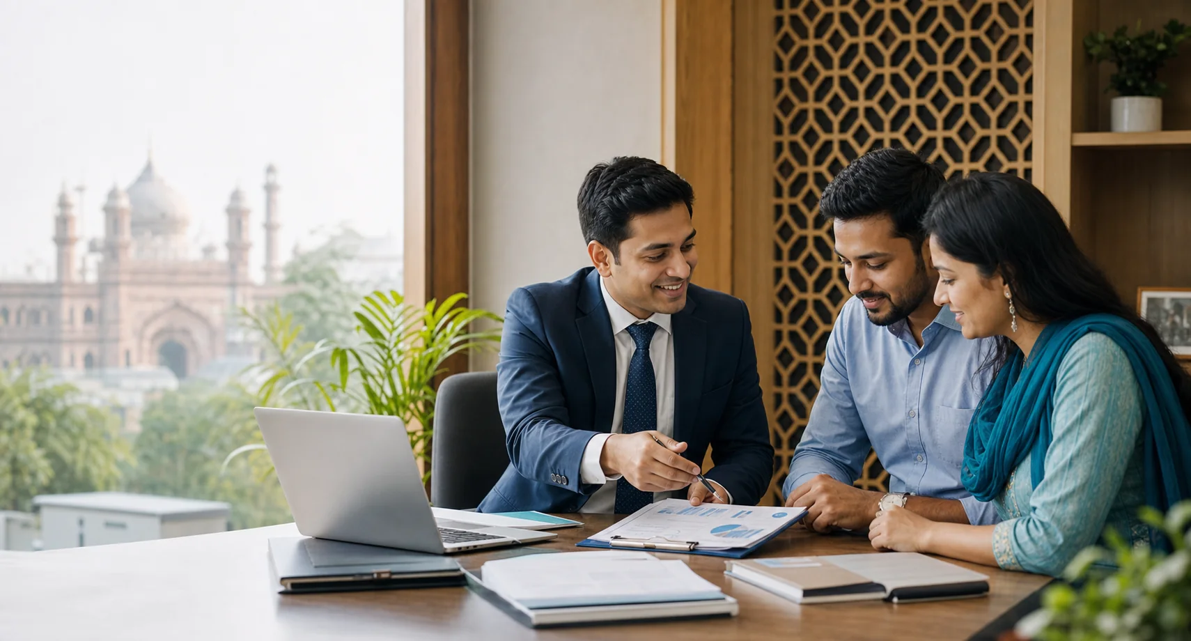 Indian chartered accountant advising a business couple in a Lucknow office