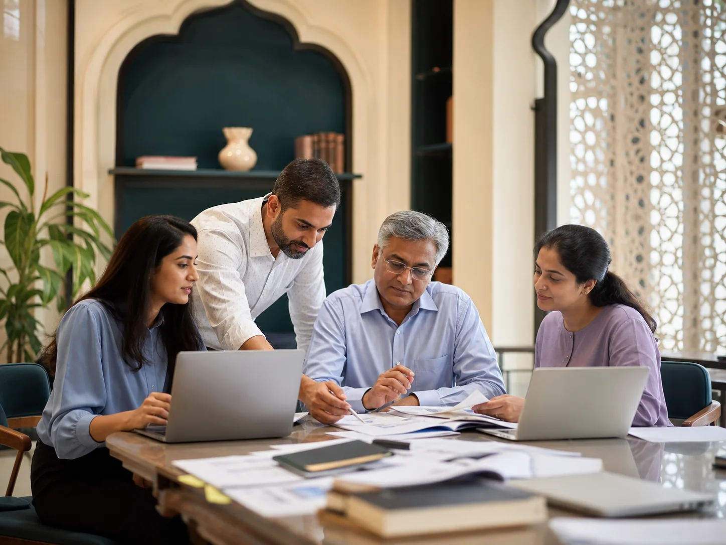 Indian chartered accountancy team collaborating in a modern office