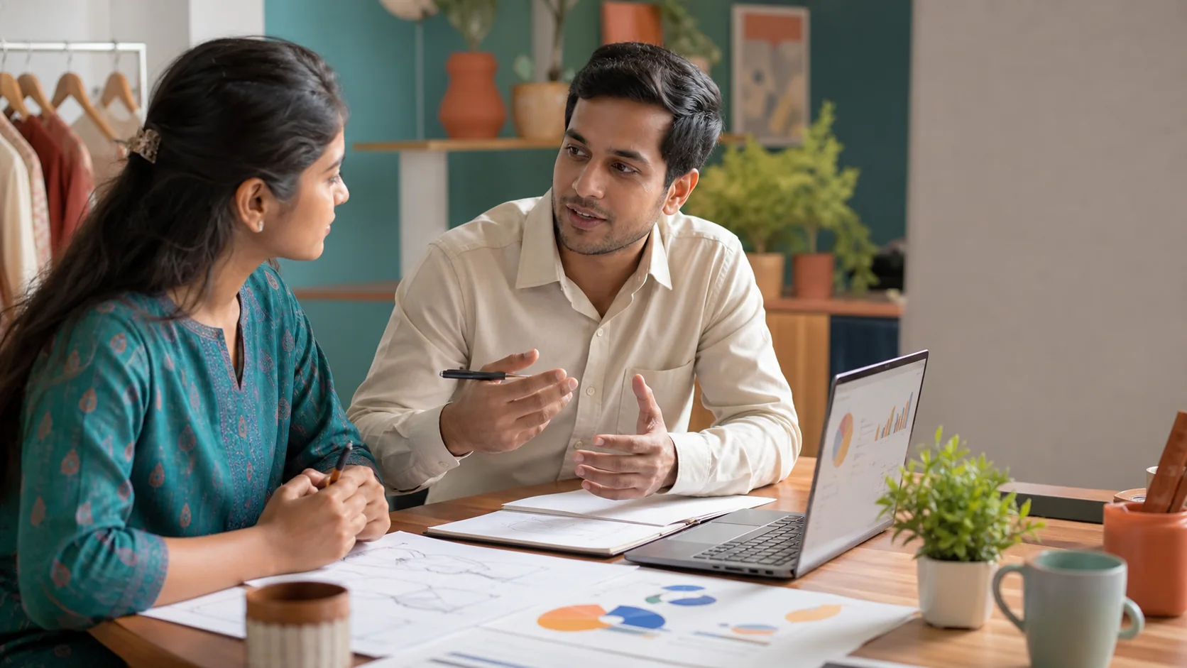 Indian entrepreneurs discussing a new business plan with a financial advisor